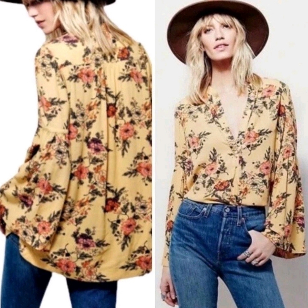 Free People Easy Girl Bellsleeve Mustard Floral V-Neck Button Front Top Size S - Picture 2 of 4